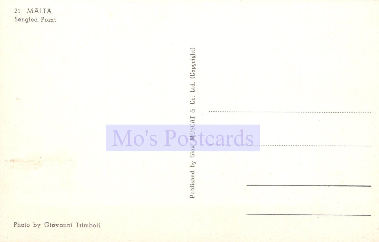 Back of a postcard with 'Mo's Postcards' branding and text.
