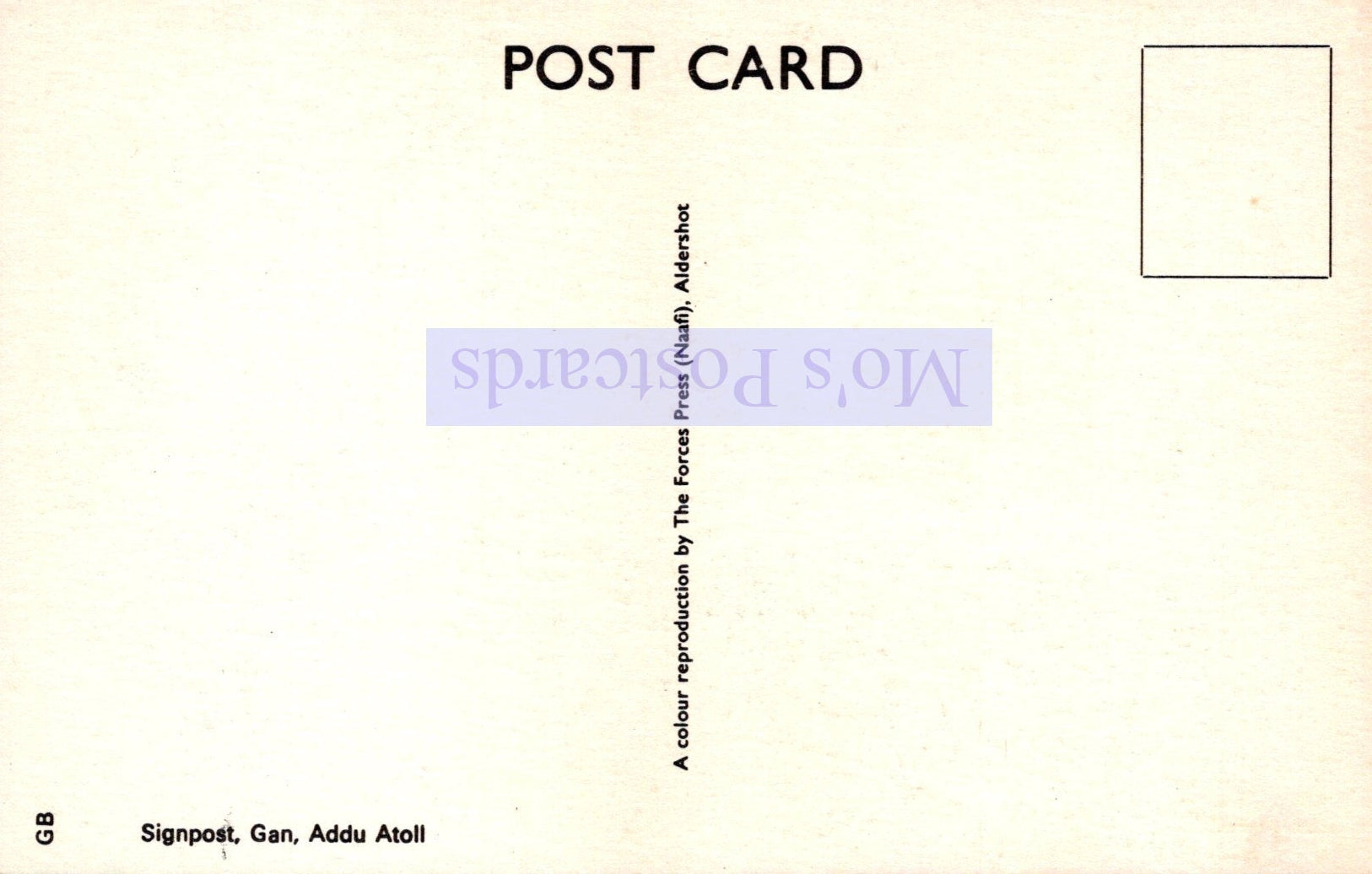 Back of a postcard with 'Mios Postcards' branding and a blank square for a photo.