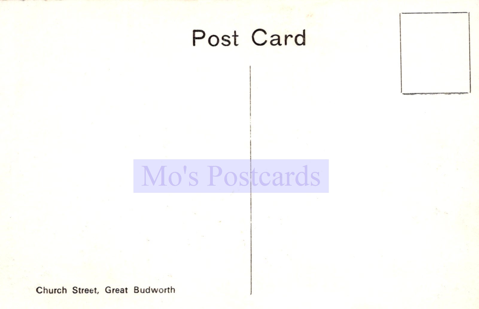 Blank postcard with 'Mo's Postcards' branding on a white background