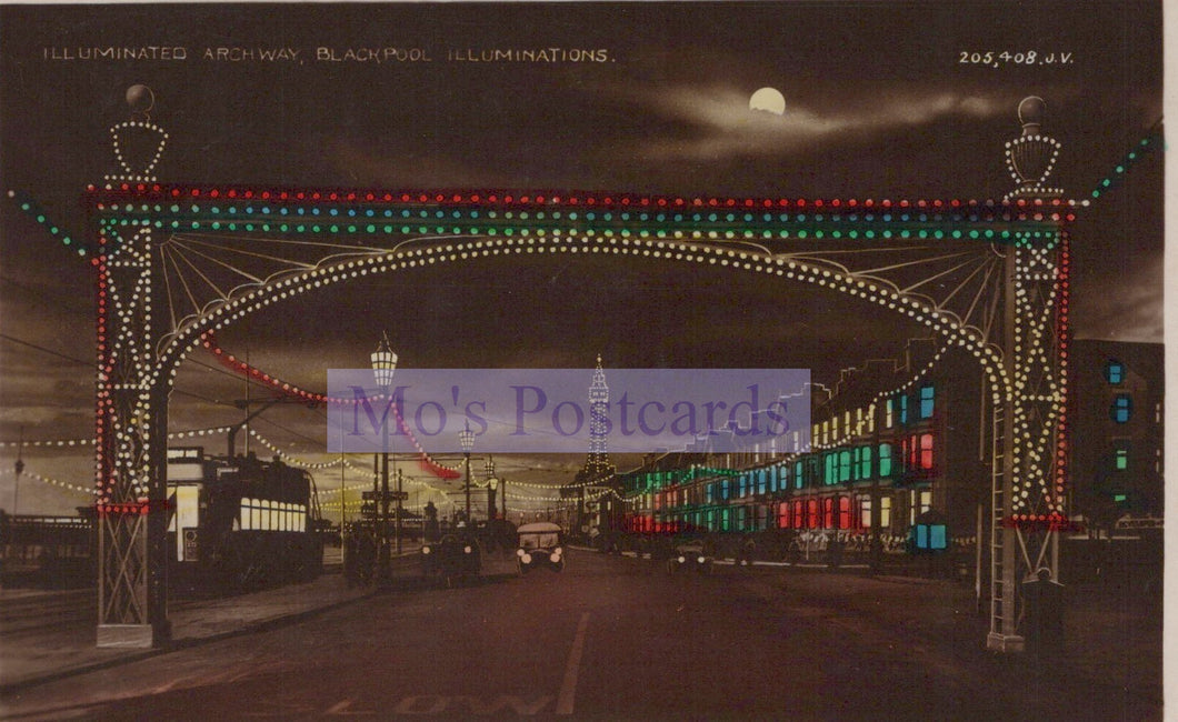 Decorative illuminated archway with colorful lights at night, featuring 'Mo's Postcards' watermark.