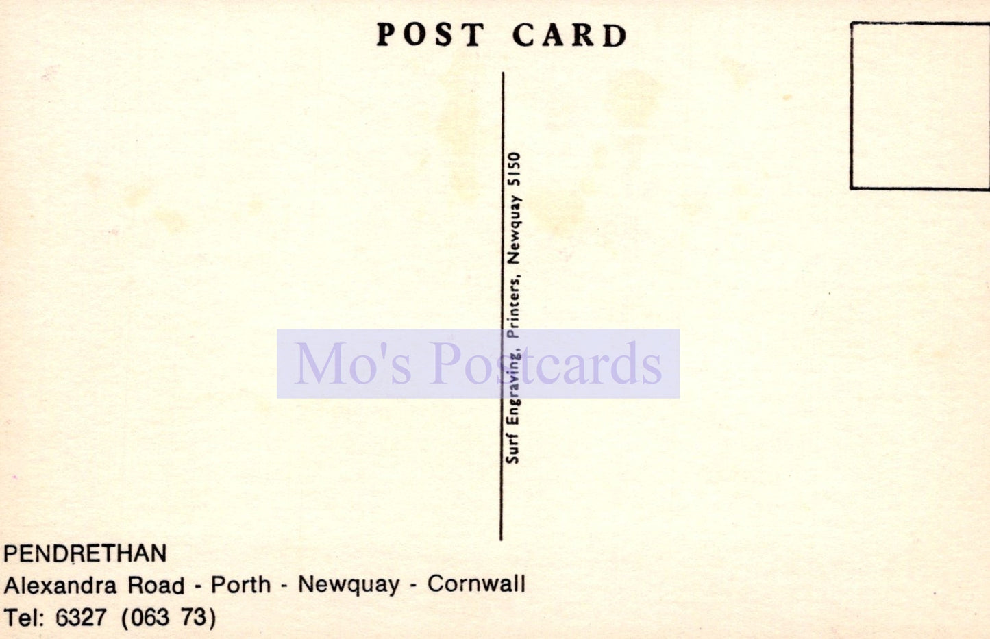 Back of a postcard with 'Mo's Postcards' branding and address details.