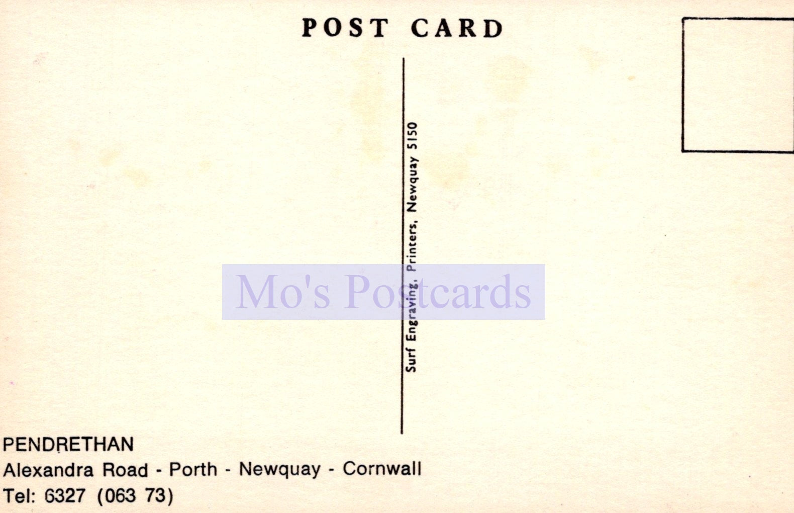 Back of a postcard with 'Mo's Postcards' branding and address details.