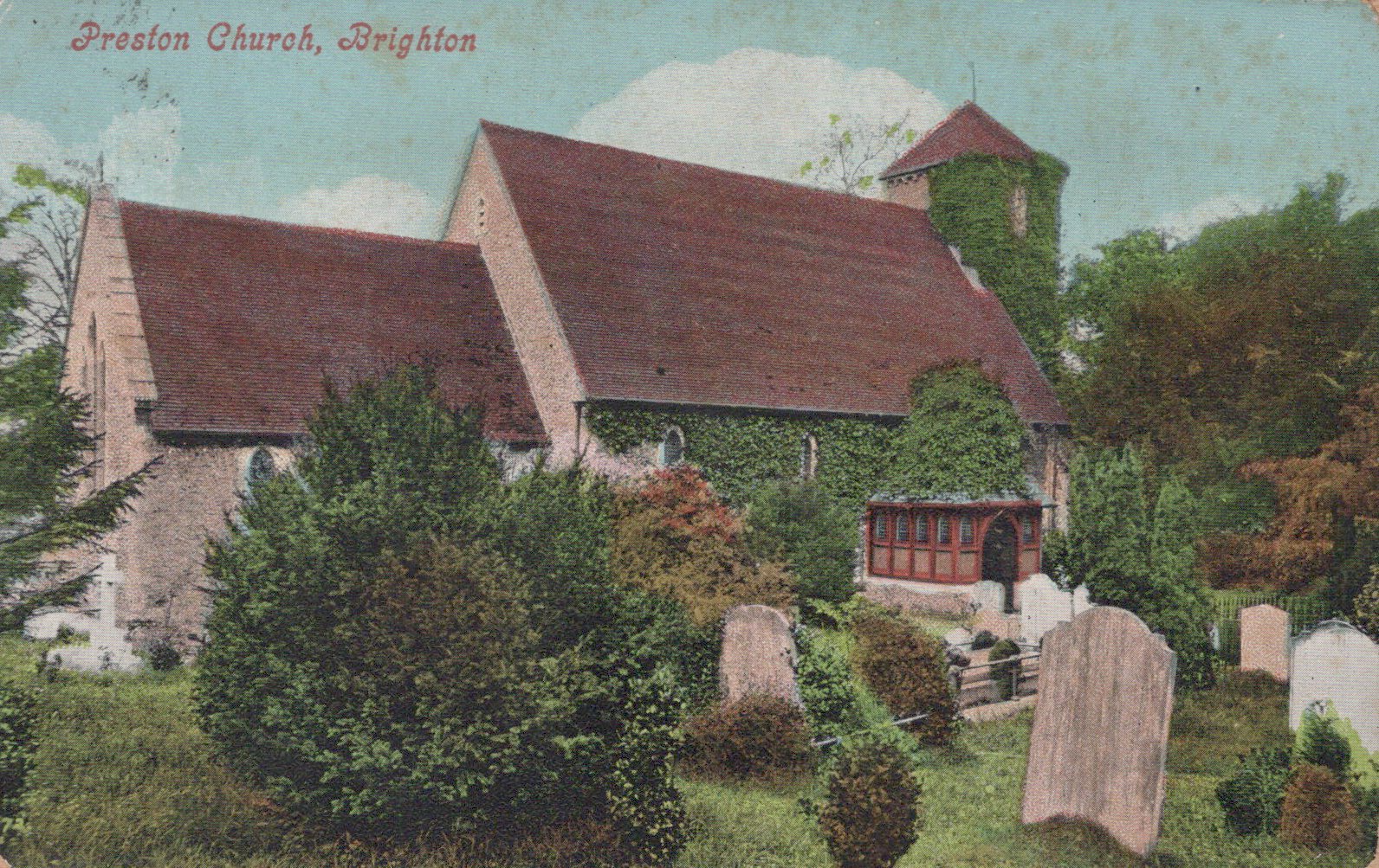 Vintage postcard of Preston Church in Brighton with a church and graveyard.