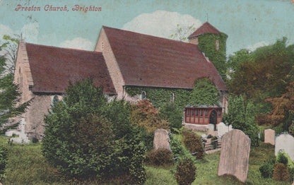Vintage postcard of Preston Church in Brighton with a church and graveyard.