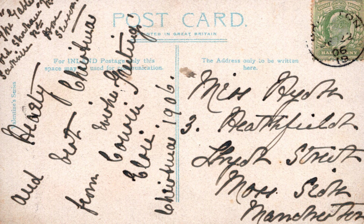 Vintage postcard with handwritten text and a stamp, featuring the word 'Postcard'.