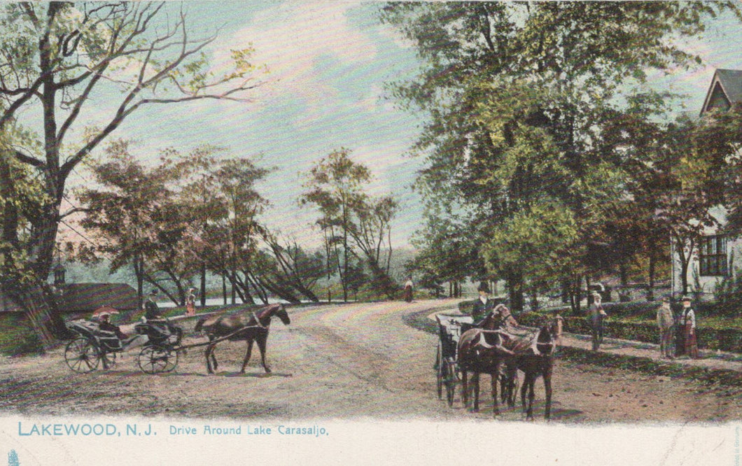 Vintage postcard of a street scene with horse-drawn carriages in Lakewood, NJ.