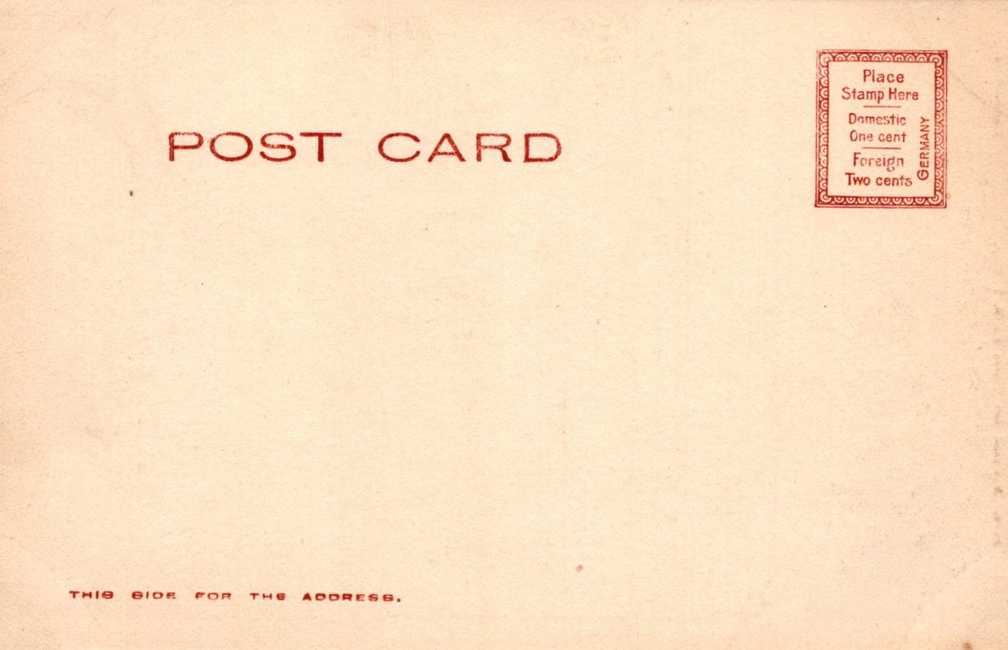 Vintage postcard with red text and stamp area on a beige background