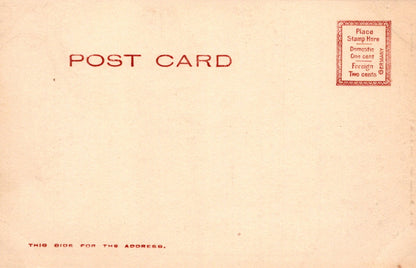 Vintage postcard with red text and stamp area on a beige background