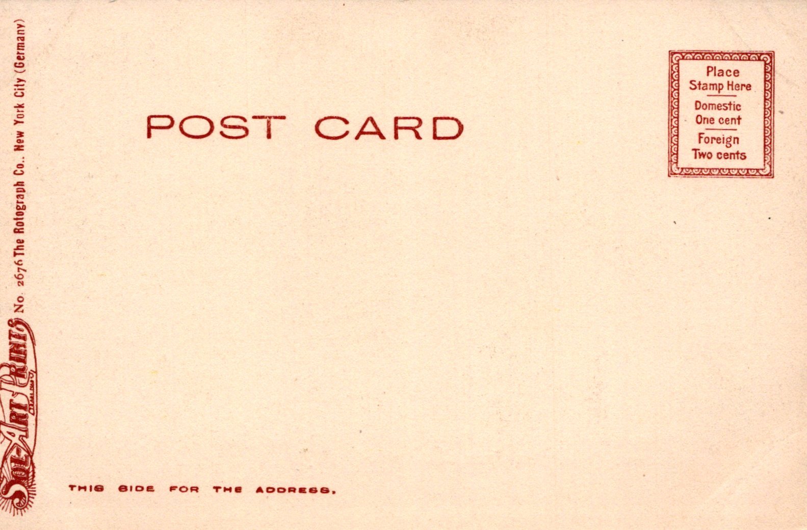 Vintage postcard with red text and stamp on beige background