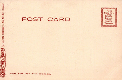 Vintage postcard with red text and stamp on beige background