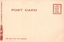 Load image into Gallery viewer, Vintage postcard with red text and stamp on beige background
