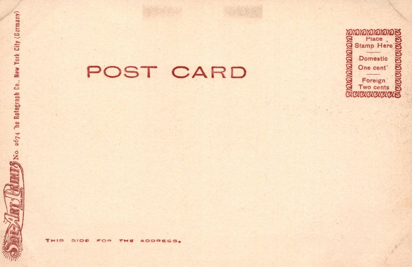 Back of a vintage postcard with red text and branding on a beige background