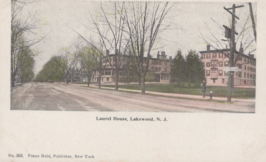 Vintage postcard of Laurel House in Lakewood, NJ with buildings and trees lining a street.