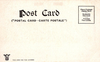 Vintage-style postcard with text and stamp placeholder on a textured beige background
