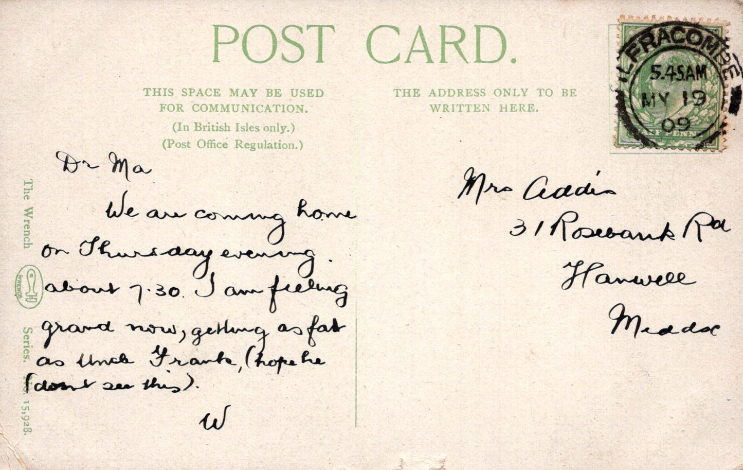 Vintage postcard with handwritten text and a stamp, featuring the word 'Postcard' at the top.