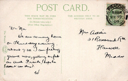 Vintage postcard with handwritten text and a stamp, featuring the word 'Postcard' at the top.