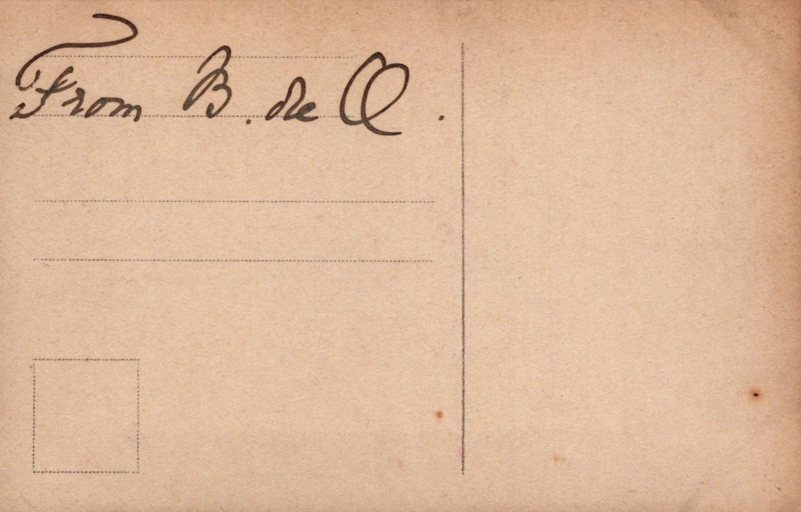 Vintage-style postcard with 'From B. de Q.' text on a beige background