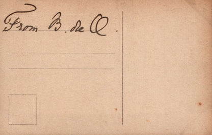 Vintage-style postcard with 'From B. de Q.' text on a beige background