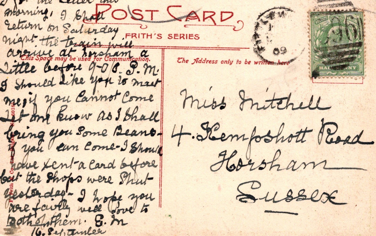 Vintage postcard with handwritten text and postage stamp, featuring the word 'Postcard' at the top.