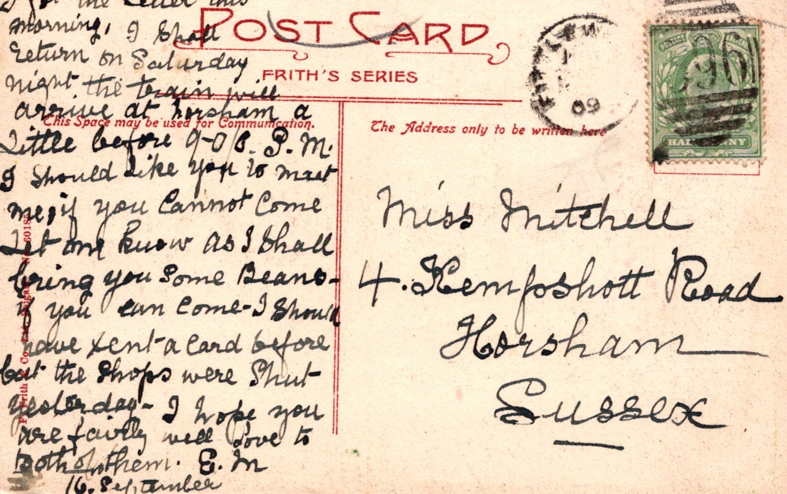 Vintage postcard with handwritten text and postage stamp, featuring the word 'Postcard' at the top.