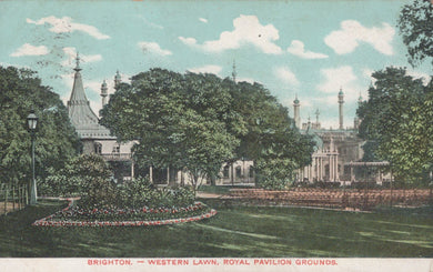 Vintage-style image of Royal Pavilion grounds with trees and flowers in Brighton