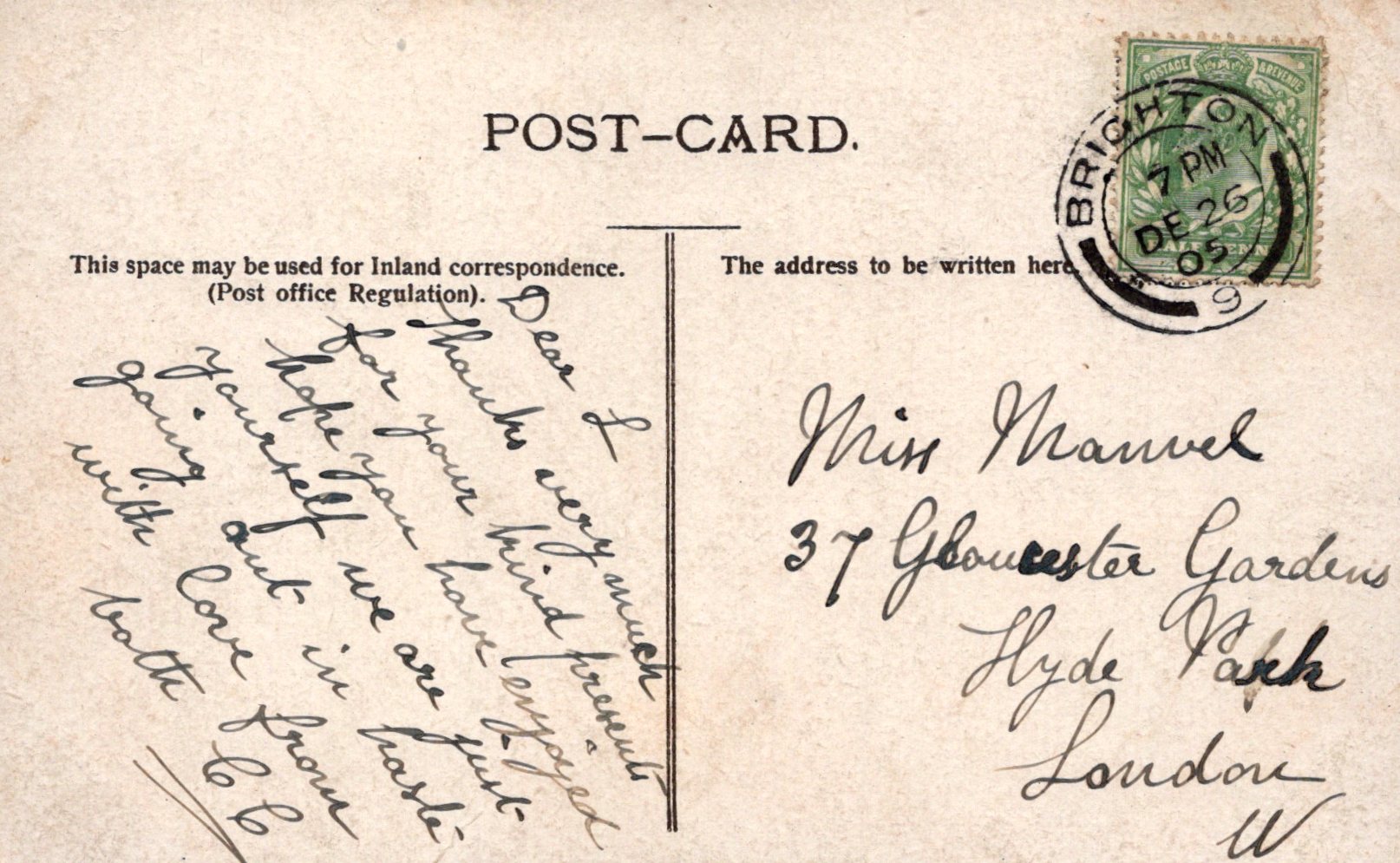Vintage postcard with handwritten text and a stamp, featuring the word 'Brighton'.