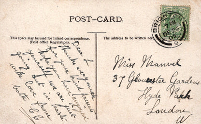 Vintage postcard with handwritten text and a stamp, featuring the word 'Brighton'.