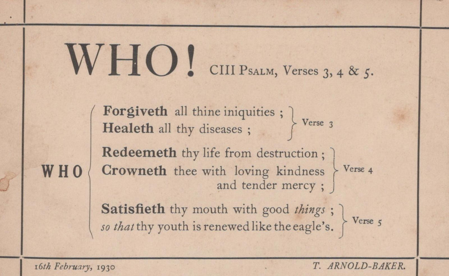 Religious Text Postcard - WHO!, Psalm 103 (CIII), verses 3, 4, and 5 - VT552