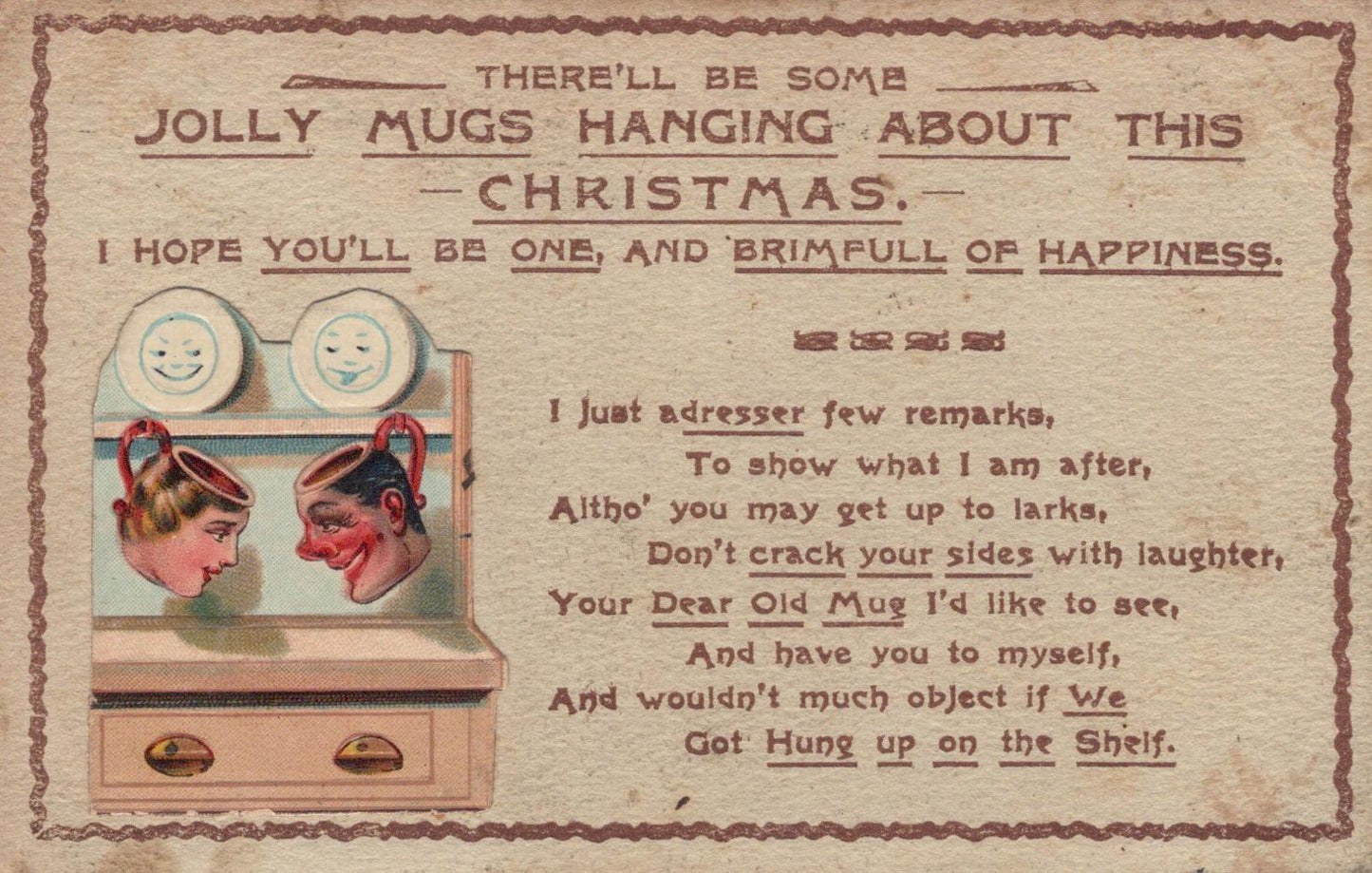 Greetings Postcard - Christmas, Illustration of Two Anthropomorphic Mugs  VT554