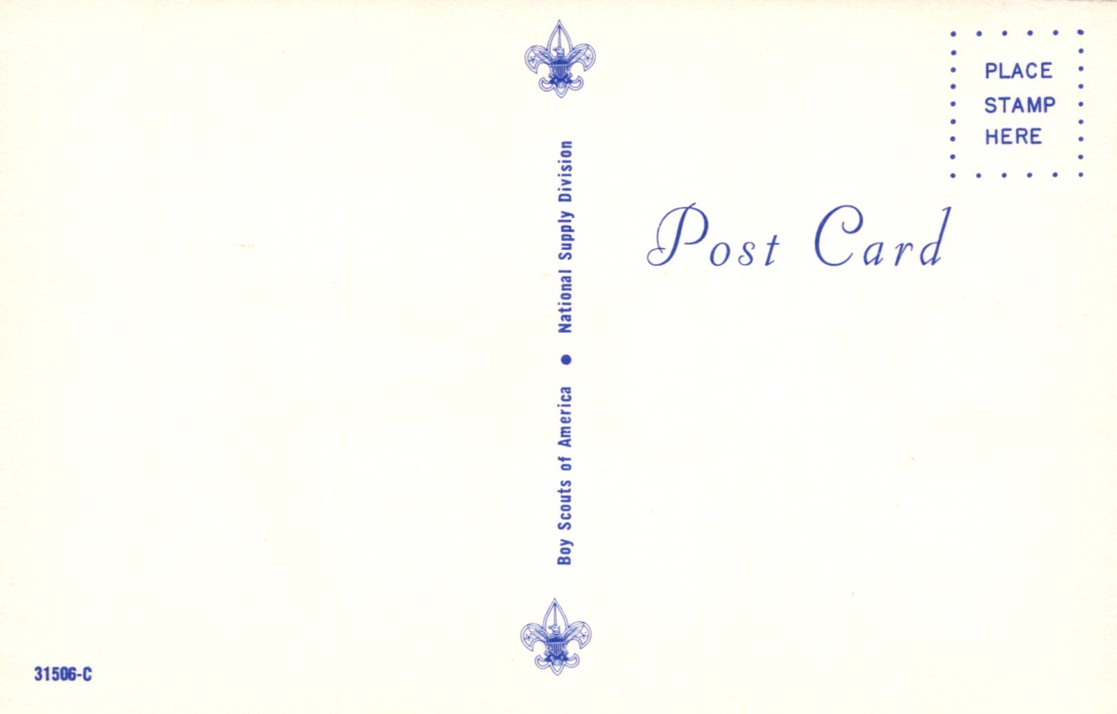 Back of a postcard with Scout logo and text on a light yellow background