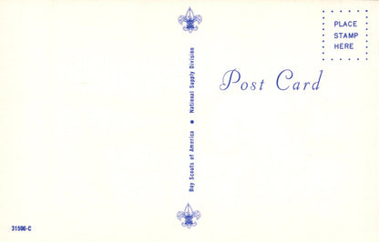 Back of a postcard with Scout logo and text on a light yellow background