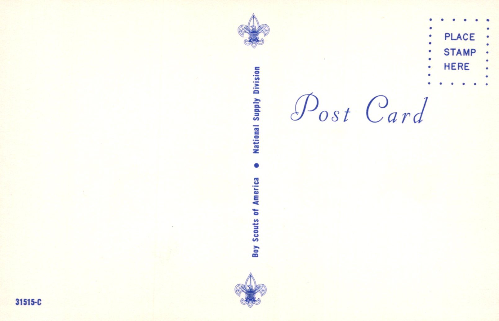 Postcard with Boy Scouts of America logo and text on a light blue background
