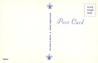 Postcard with Boy Scouts of America logo and text on a light blue background