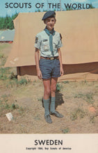 Load image into Gallery viewer, Scout in uniform standing in front of a tent with &#39;Scouts of the World&#39; and &#39;Sweden&#39; text.
