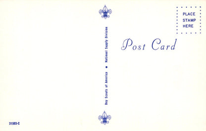 Vintage postcard with Boy Scouts of America logo and text on a white background