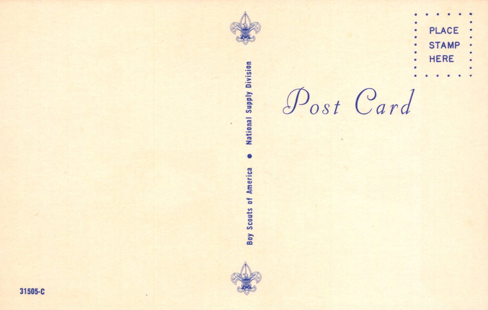 Vintage postcard with Boy Scouts of America logo and text on a beige background