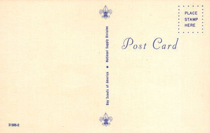 Vintage postcard with Boy Scouts of America logo and text on a beige background