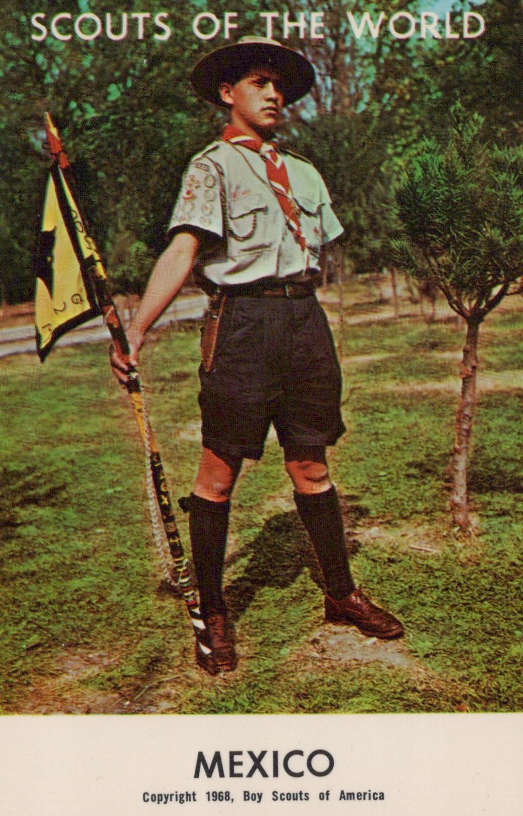 Scout holding a flag with 'Scouts of the World' text and 'Mexico' label.