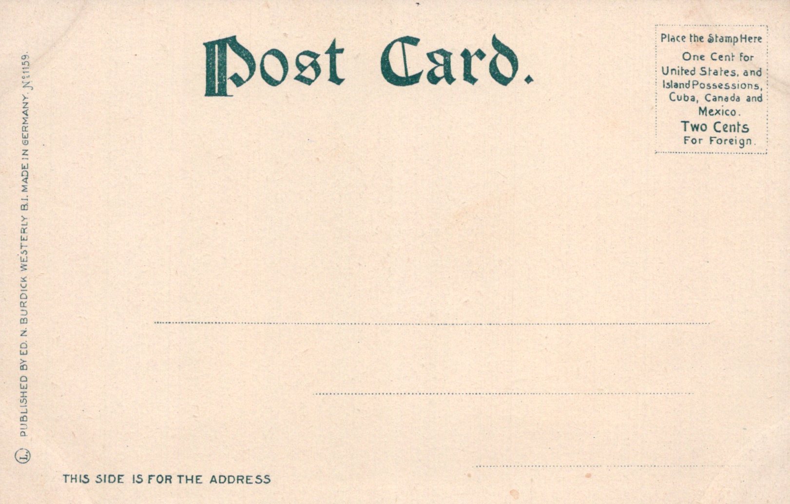 Vintage postcard with text and postage information on a beige background