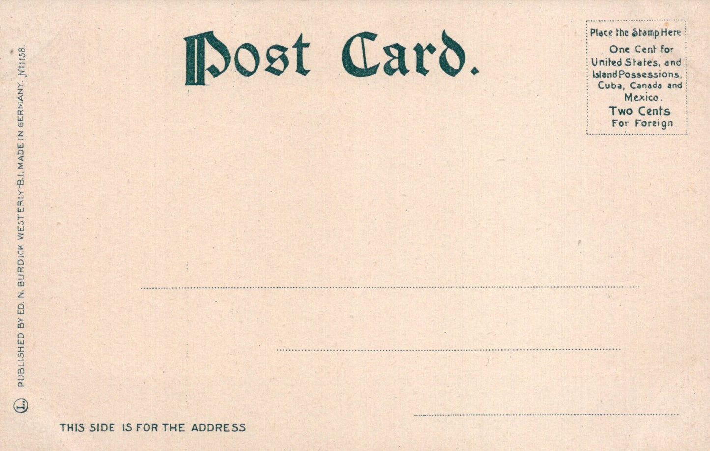 Vintage postcard with text and postage information on a beige background
