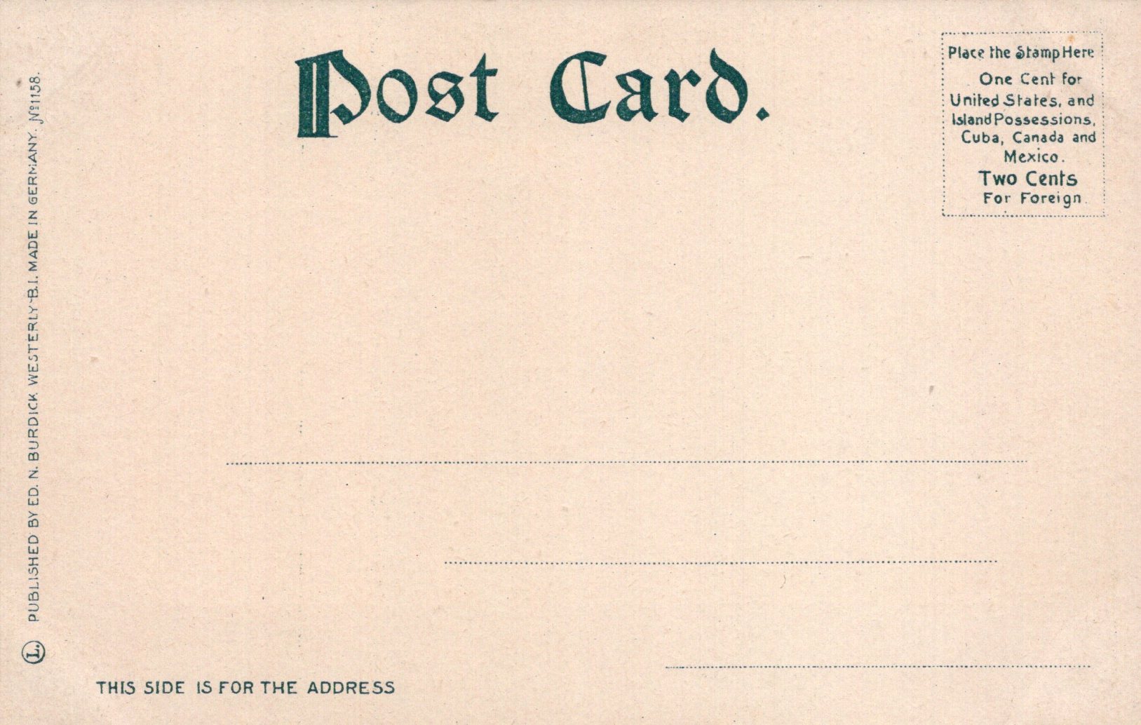 Vintage postcard with text and postage information on a beige background