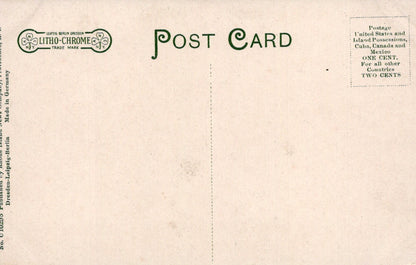 Back of a vintage postcard with 'Litho-Chrome' branding and text.