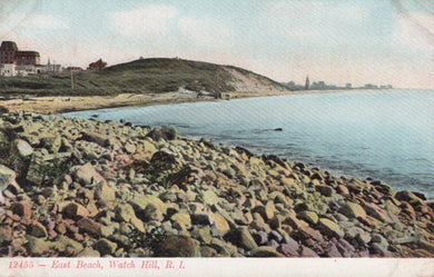 Vintage postcard of East Beach at Watch Hill, Rhode Island with rocky shoreline and distant buildings.