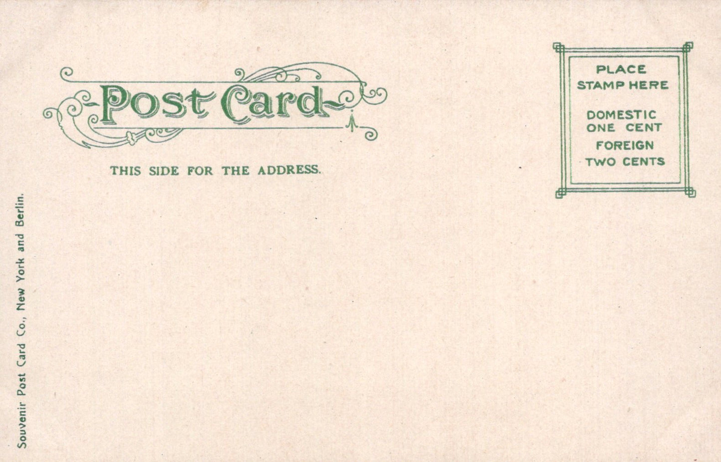 Vintage postcard with green text and design on a beige background
