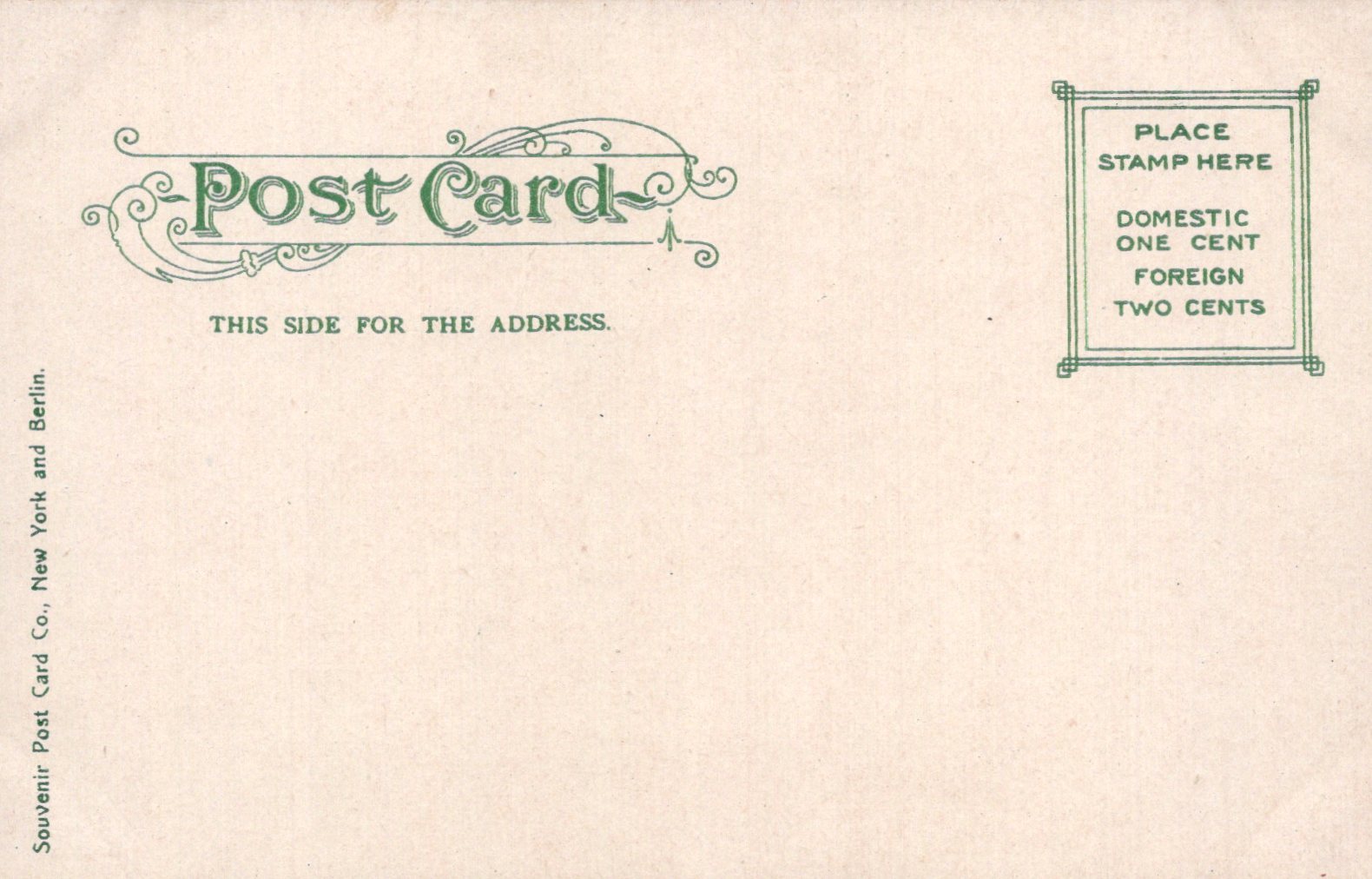 Vintage postcard with green text and design on a beige background