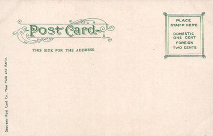 Vintage postcard with green text and design on a beige background