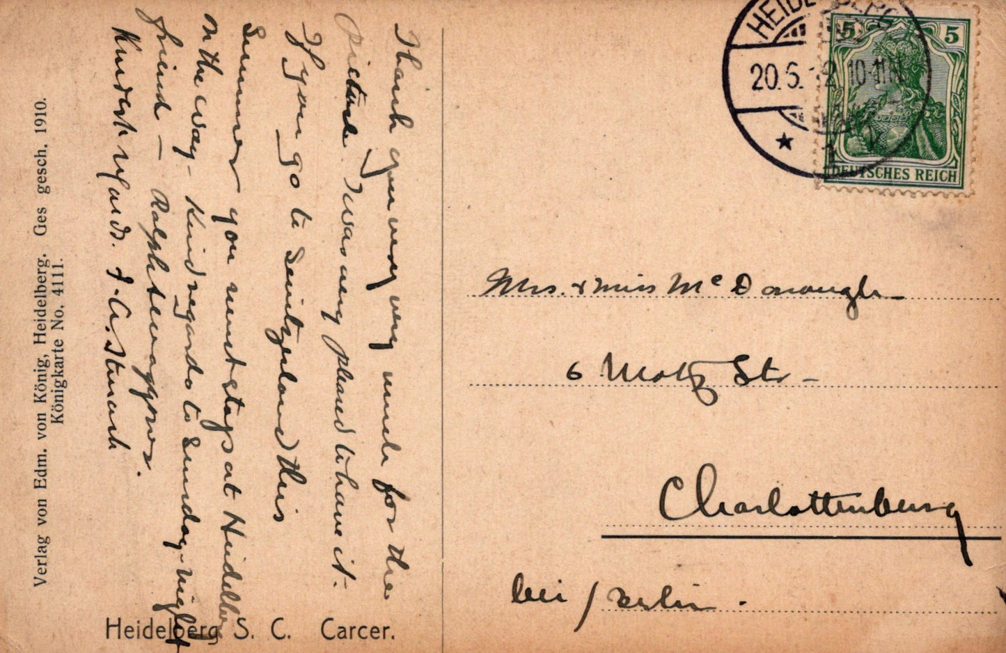 Vintage postcard with text and a stamp, featuring a green stamp on a brown background.