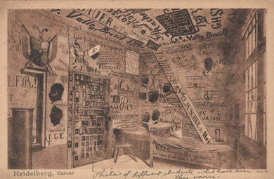 Vintage illustration of a room with posters and signs, likely from a historical or educational context.