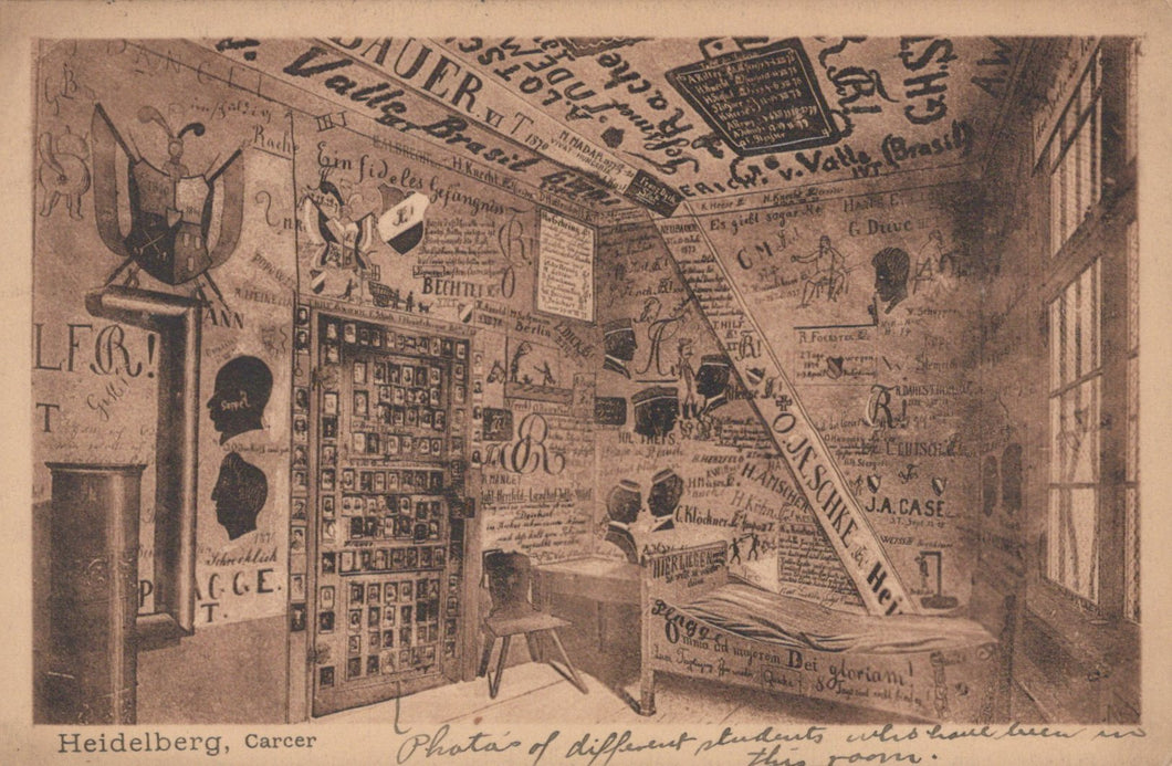 Vintage illustration of a room with posters and signs, likely from a historical or educational context.