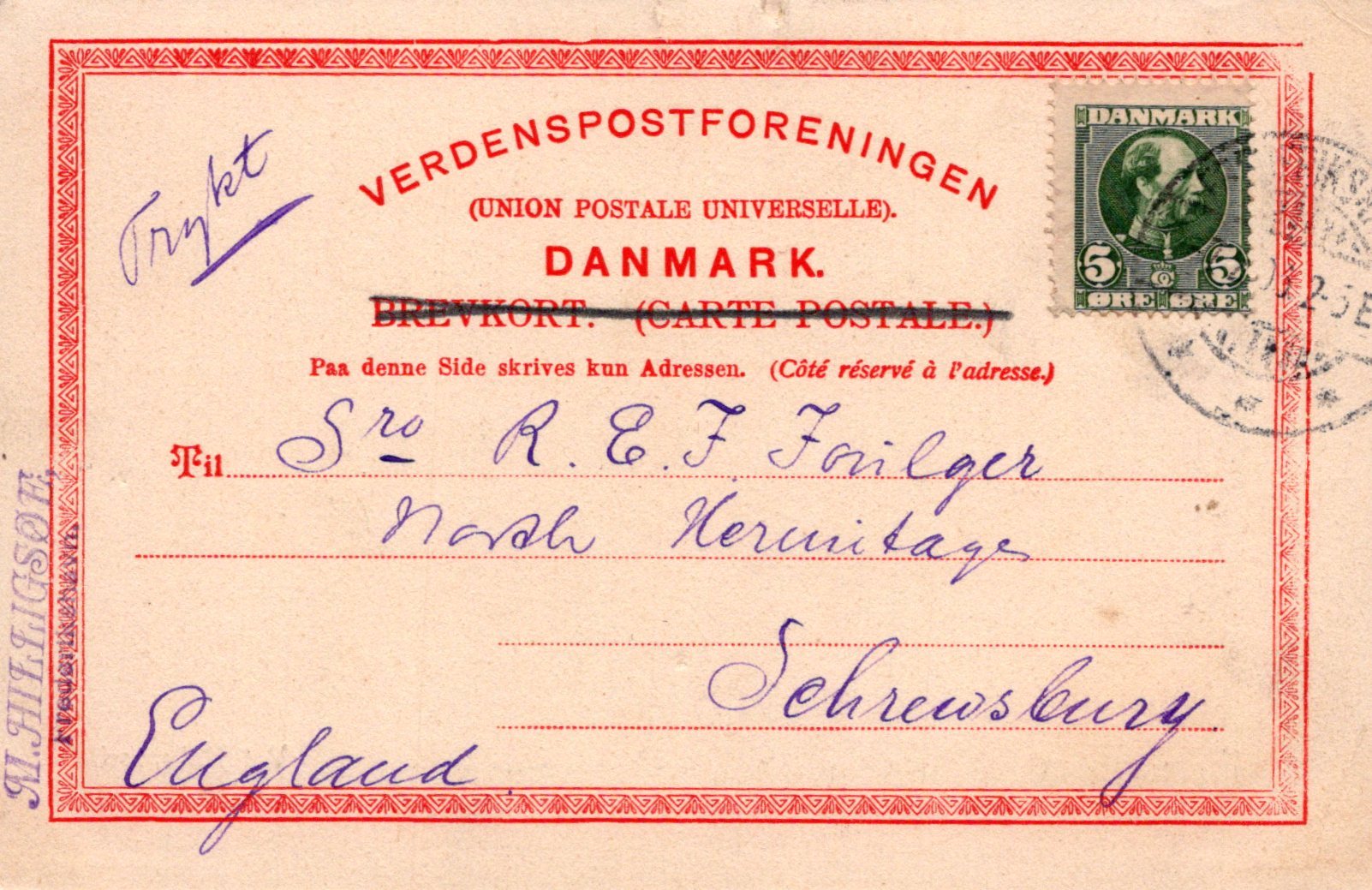 Vintage Danish postal card with red border and postage stamp, addressed to Schleswig, Germany.